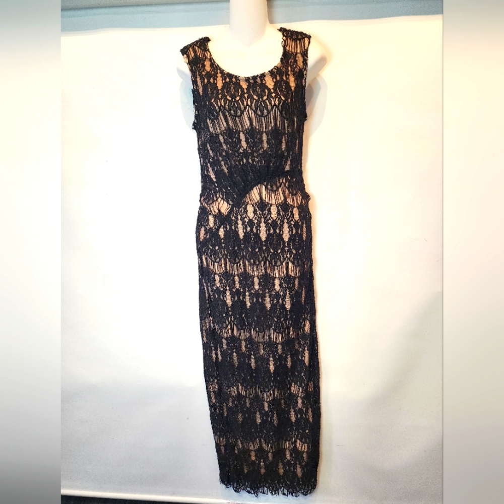 Rachael & Chloe Black Lace Nude Lined Maxi‎ Summer Dress Formal Party Dress M